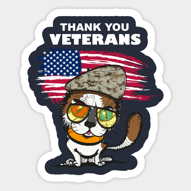 Funny Army Cat Thank You Veterans For Service US Flag Sticker by Mamalika